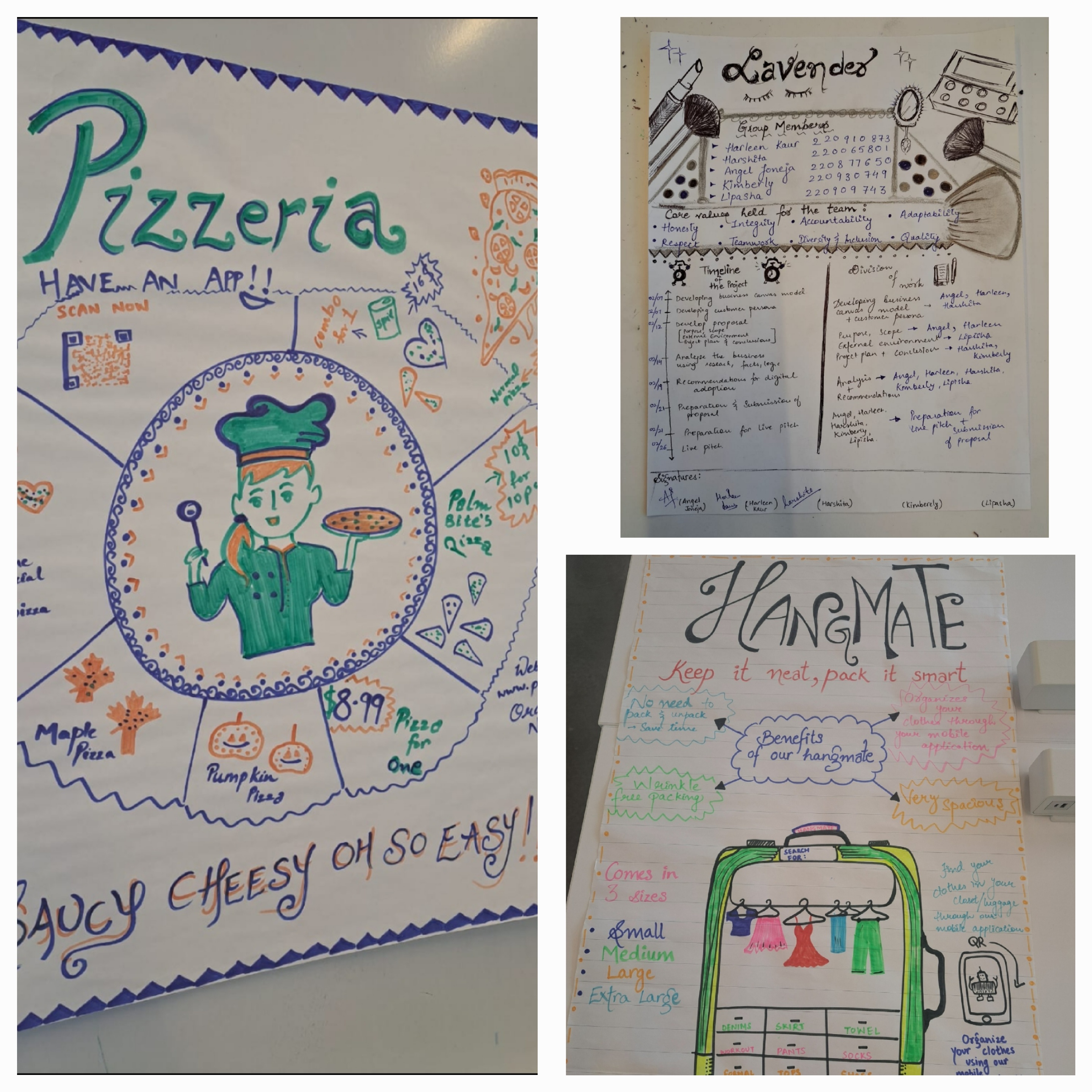Three posters in one image drawn with markers: a vibrant pizza store design for a pizzeria, a lavender-themed group charter, and a colorful 'HangMate' suitcase illustration