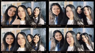 A picture collage with four images consisting of four friends, all girls, smiling and standing together. They look to be outside, with a window and trees in the backdrop. One woman gives a thumbs up in two photos, while another smiles.