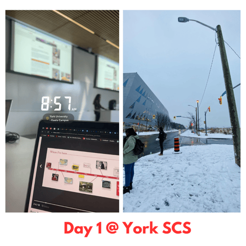 First day at York School of Continuing Studies campus with snow outside; a photo of a laptop showing a 8:57AM timestamp in class.