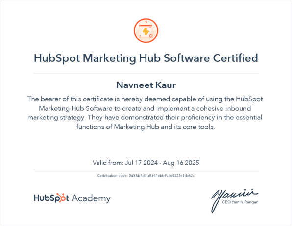HubSpot Marketing Hub Software Certification done by YorkU SCS student