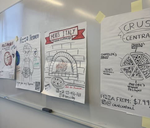 A white board in a classroom with a bunch of different posters stuck to it, of pizza places