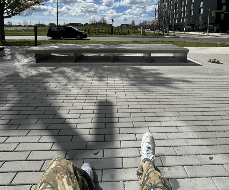 Photo of SCS campus at York University on a sunny day with a blue sky. A Chipotle branch is visible on the right, with a black car passing through the street. The image shows a first-person view from a bench.