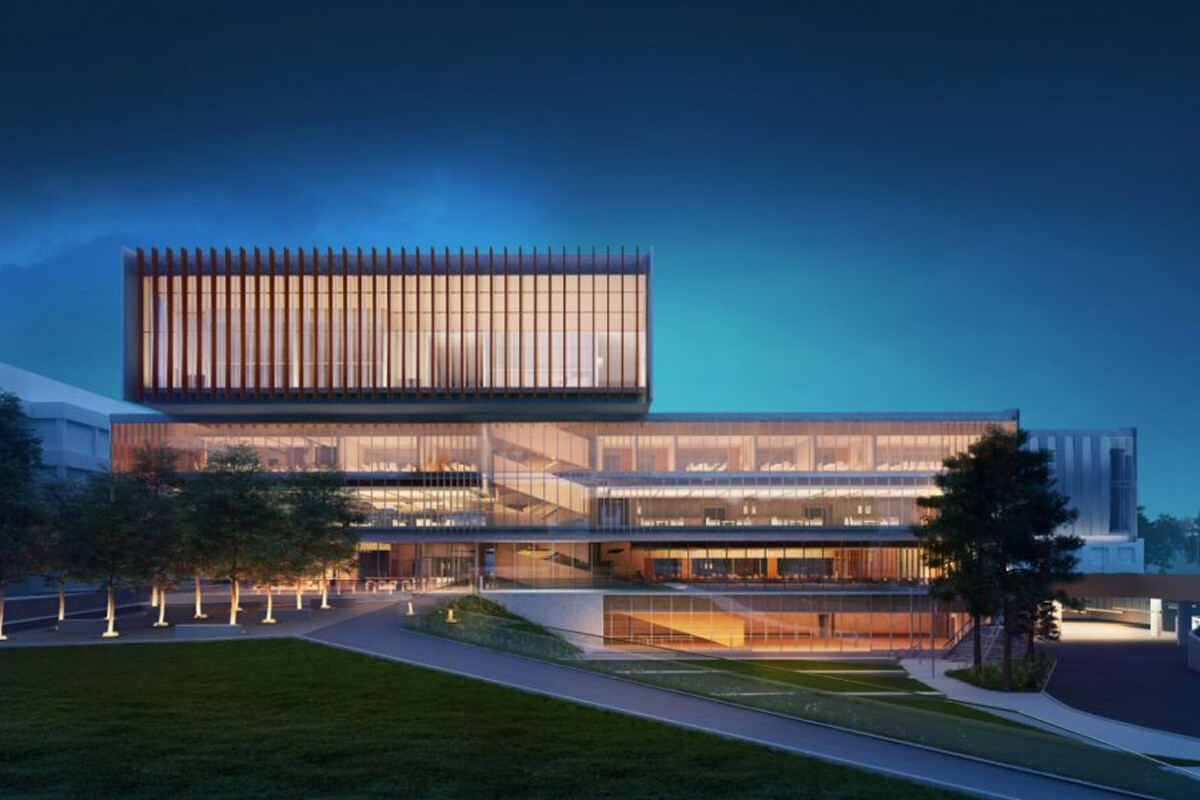 The Second Student Centre building at York University, illuminated at night