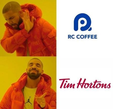 meme of Drake with his hands away from RC coffee on top of another picture of  Drake pointing at Tim Hortons.