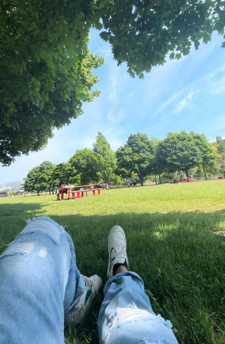 Lying on the grass at York Lanes garden, wearing ripped jeans and white sneakers, with trees, a clear sky, and red picnic tables in the background.