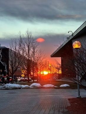 Two buildings on either side of a road with bare trees, snow on the ground and street lights lit up with a reflection of sunsetting in the background