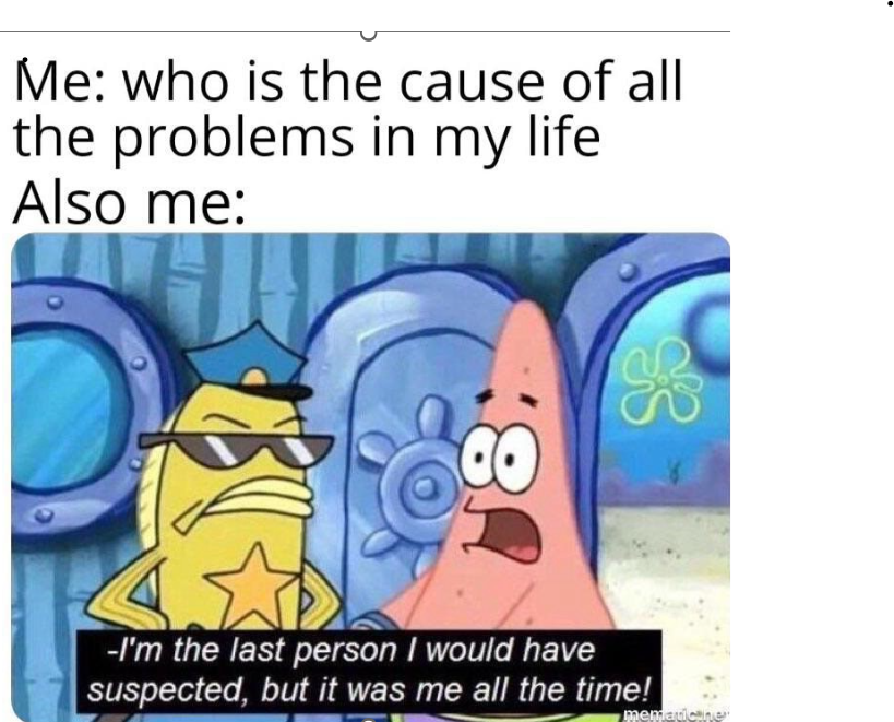 Alt tag: The image is a concise, two-panel meme. It humorously depicts a character’s ironic self-realization of being the root of his problems. 