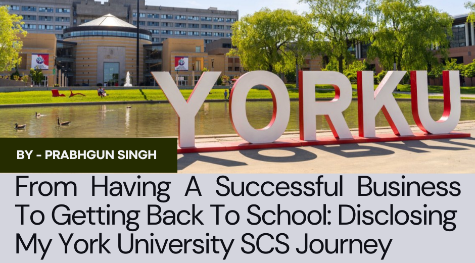 A big YorkU sign with trees, grass, a small pond, a fountain and different building behind it. There are a few people enjoying and walking near the small pond and multiple Canada Goose are inside the small pond. Also, there is the title of the blog with author's name below the YorkU sign.